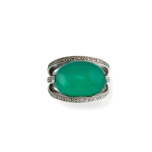 Bague agate verte art déco ovale en argent 925 et marcassites