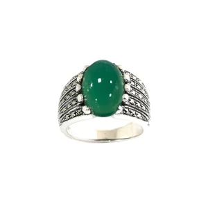Bague agate verte art déco en argent 925 et marcassites