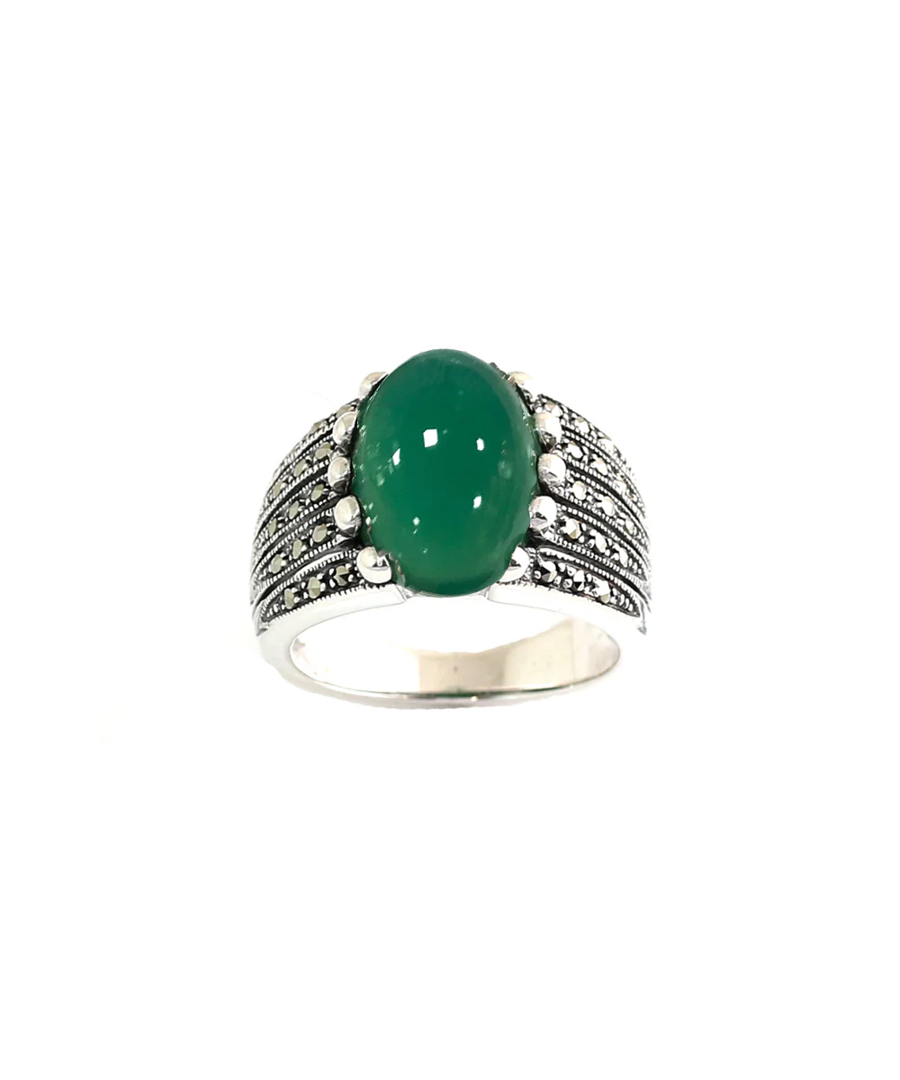 Bague agate verte art déco en argent 925 et marcassites