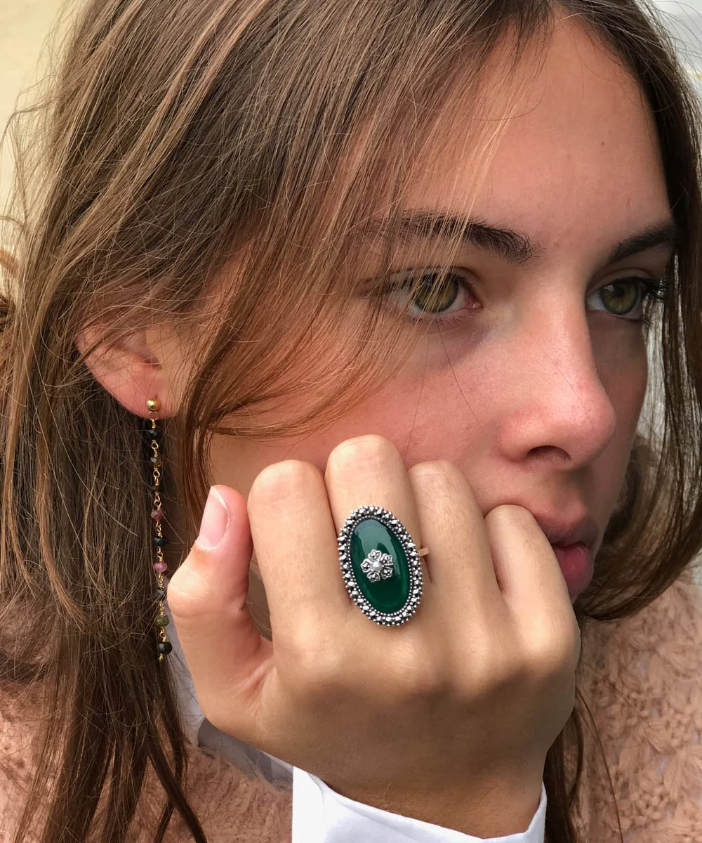 Bague agate verte marcassite argent et perle de culture style art déco – Image 2