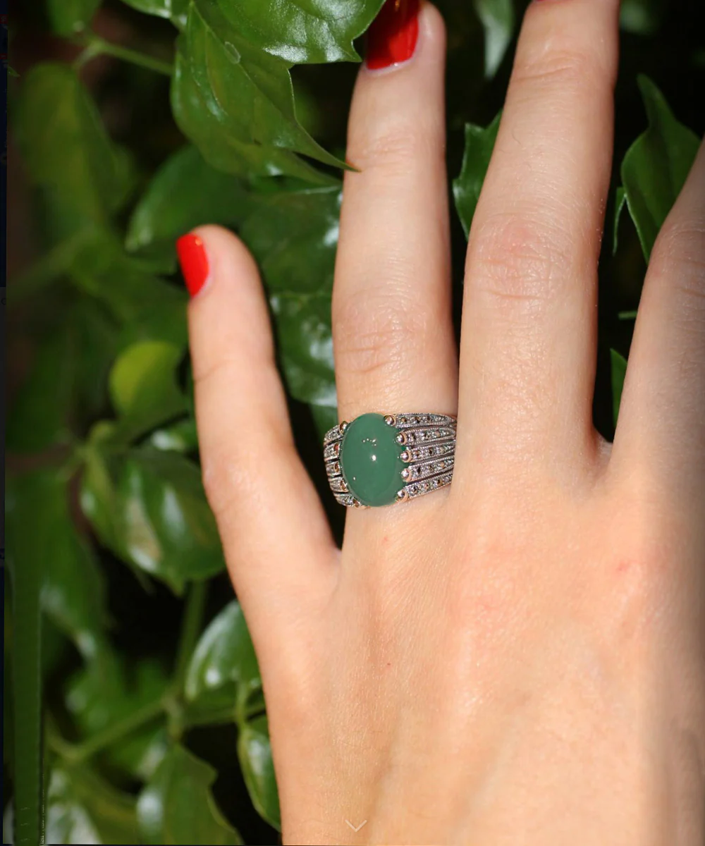 Bague agate verte art déco en argent 925 et marcassites – Image 2