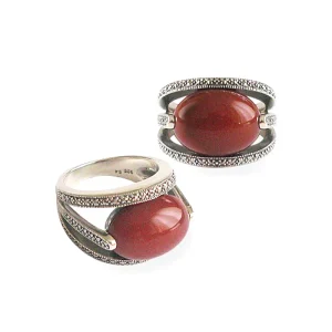 Bague cornaline art déco ovale en argent 925 et marcassites