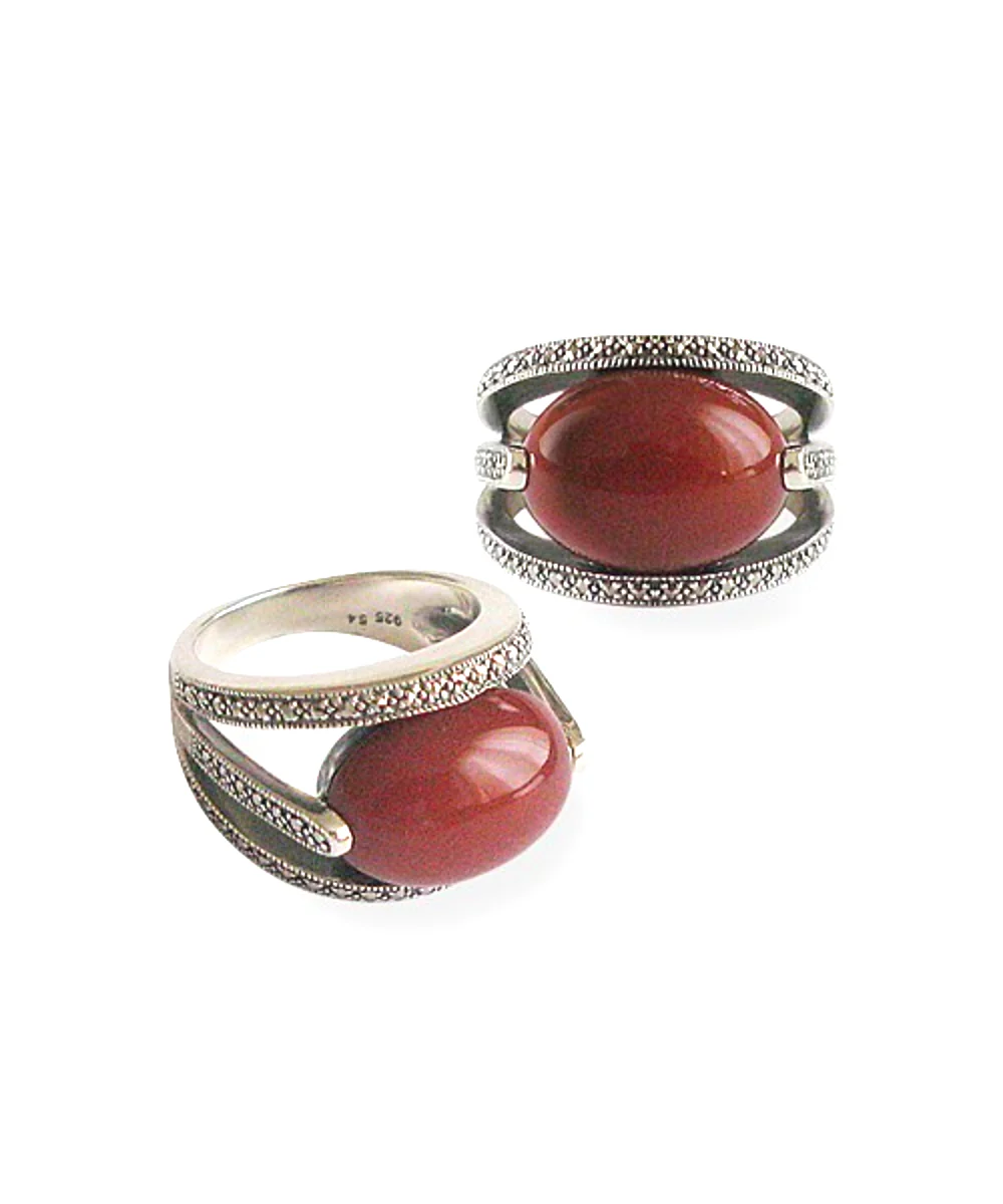 Bague cornaline art déco ovale en argent 925 et marcassites