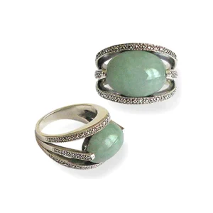 Bague jade art déco ovale en argent 925 et marcassites