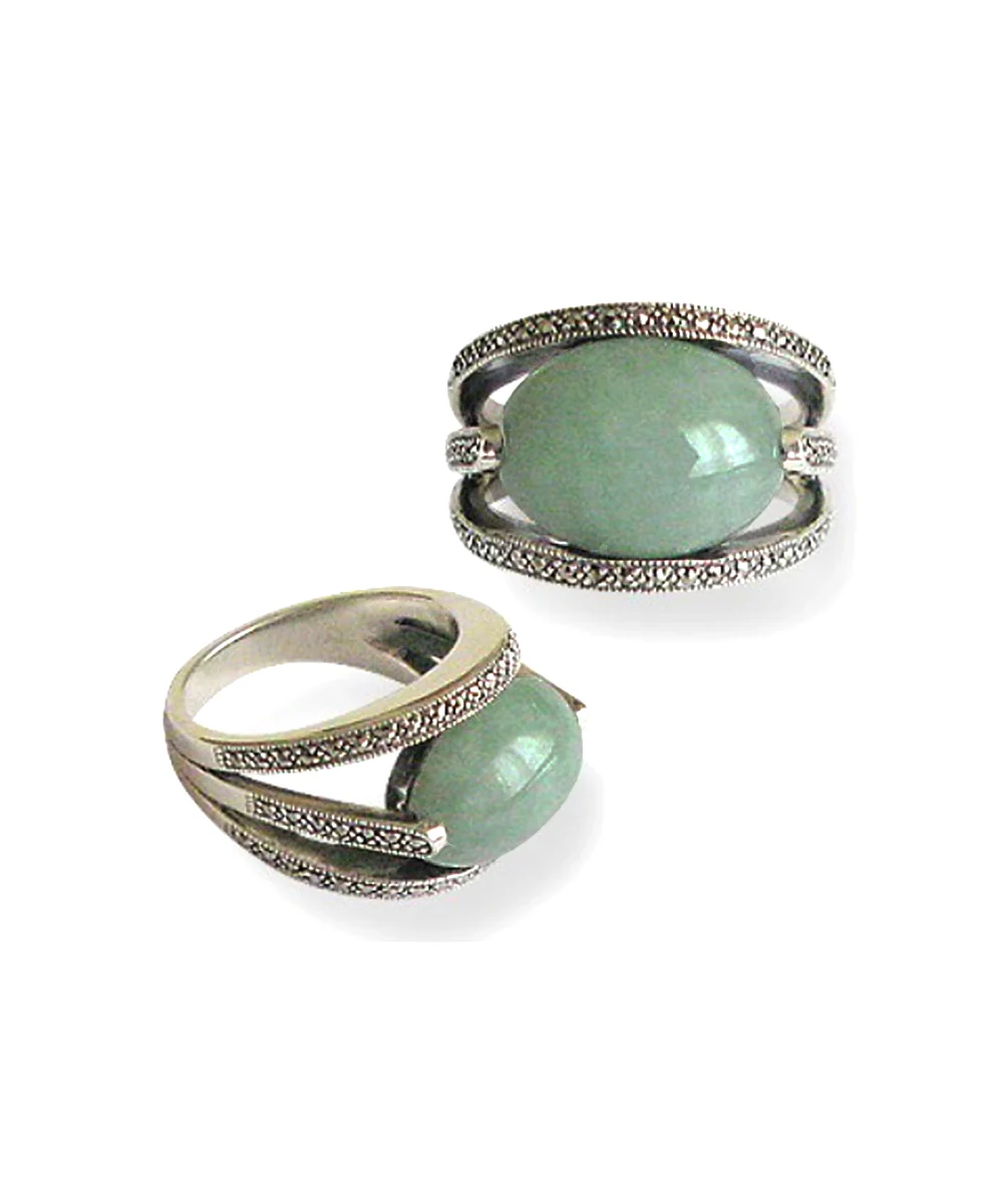 Bague jade art déco ovale en argent 925 et marcassites