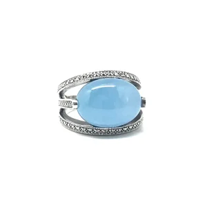 Bague jade bleu art déco ovale en argent 925 et marcassites