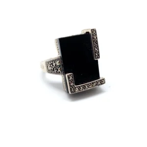 Bague art déco onyx, argent et marcassite