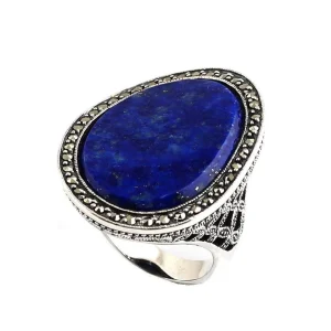 Grosse bague lapis-lazuli en argent et marcassites art déco