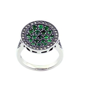 Bague ronde émeraudes art déco en argent et marcassites