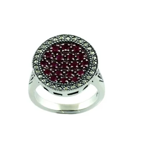 Bague ronde rubis art déco, argent et marcassites