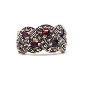 Bague art déco grenats en argent et marcassites