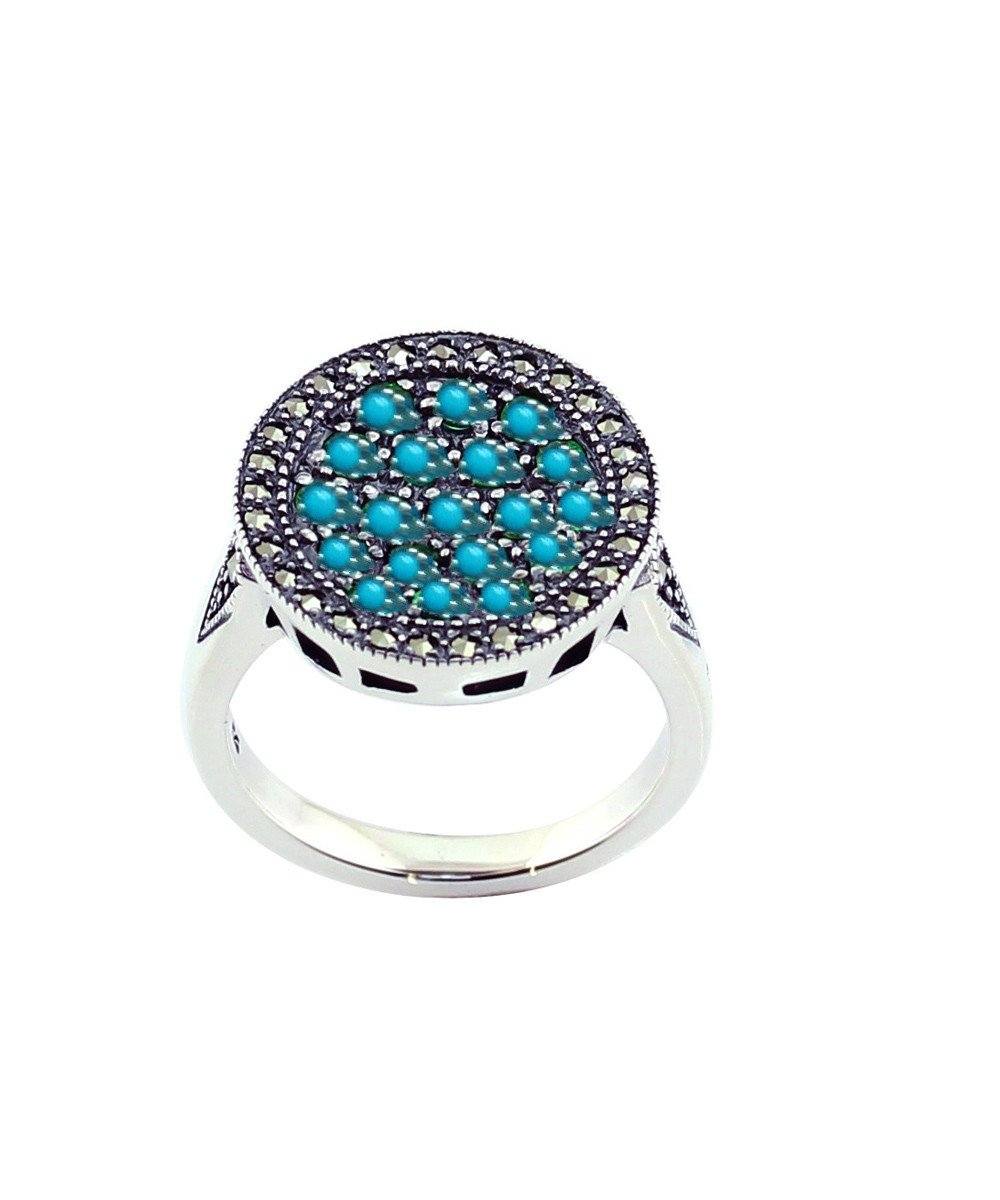 Bague ronde turquoises art déco, argent et marcassites