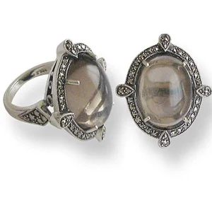 Grosse bague cabochon quartz fumé, argent et marcassites art déco