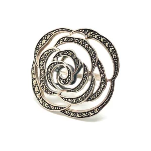 Grosse bague Fleur Camélia en argent et marcassites art déco