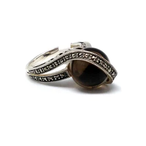 Bague boule art déco en quartz fumé, argent et marcassite