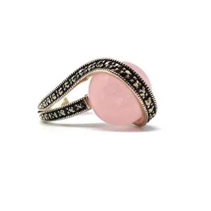 Bague art déco boule en quartz rose, argent et marcassite