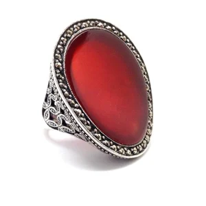 Grosse bague cabochon en cornaline, argent et marcassitesstyle art déco