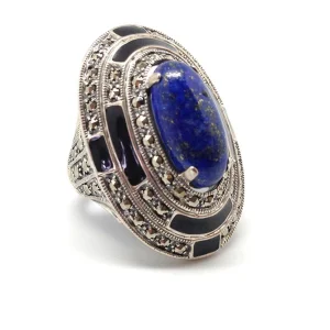 Grosse bague ovale lapis-lazuli, marcassites et argent de style art déco
