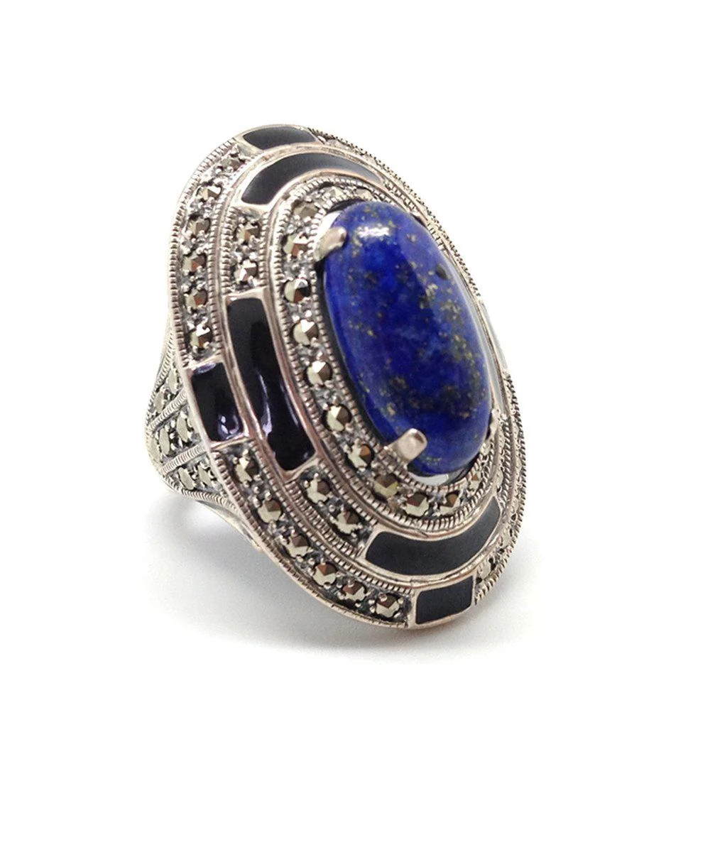 Grosse bague ovale lapis-lazuli, marcassites et argent de style art déco