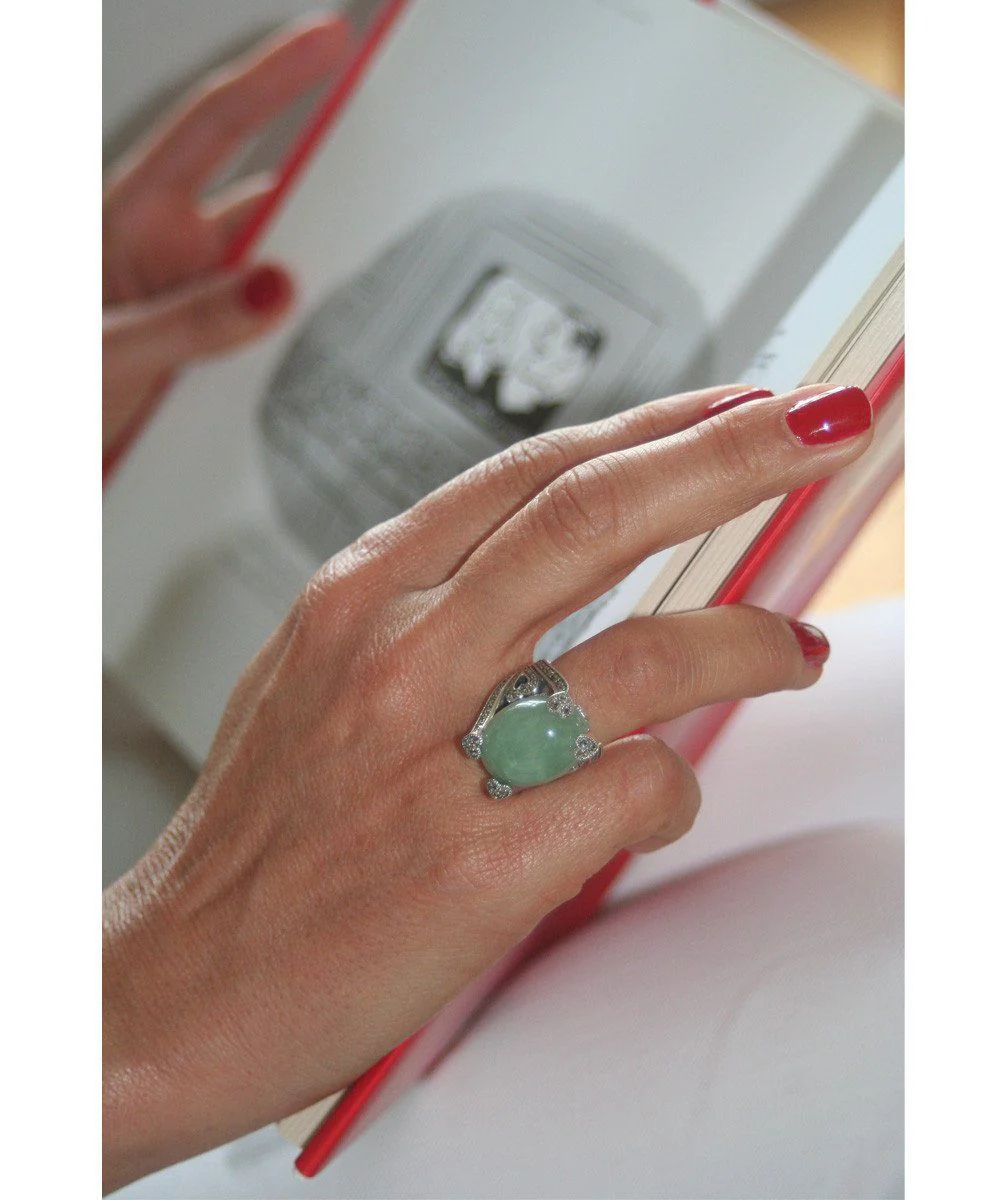 Bague art déco jade ornée d'argent et marcassites – Image 2