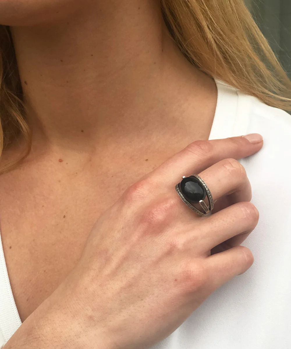 Bague onyx art déco ovale en argent 925 et marcassites – Image 2
