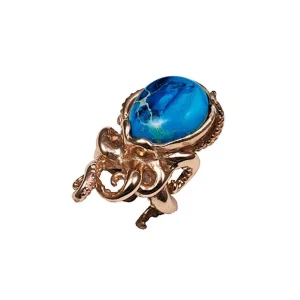 Bague pieuvre en bronze et pierre - Pyrite Chryscolla - Bernard Delettrez