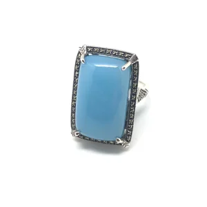 Grosse bague art déco jade bleu rectangulaire en argent et marcassites - Métron