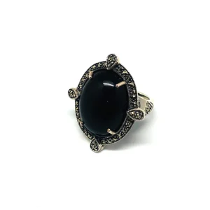 Grosse bague onyx cabochon , argent et marcassites de style art déco
