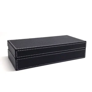 Boîte à boutons de manchette en cuir noir et bois sur mesure - Personnalisable