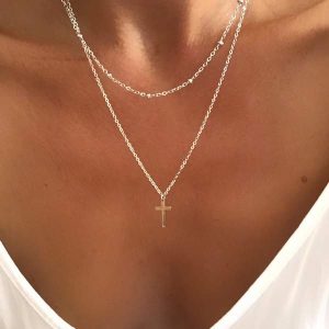 Collier double rang pendentif croix argent