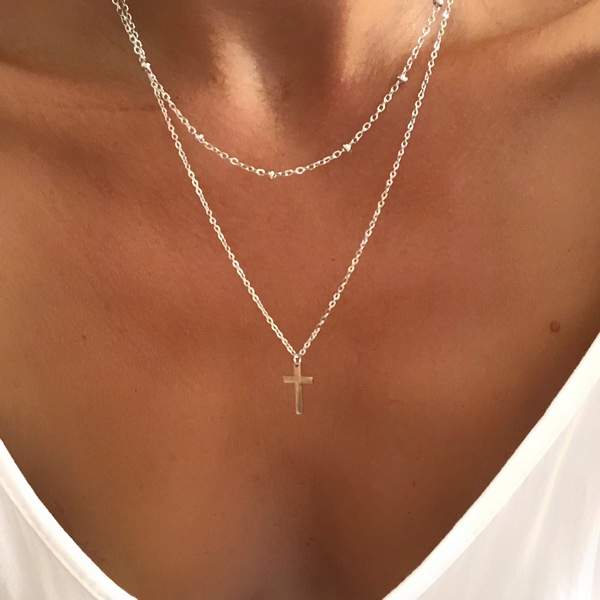 Collier double rang pendentif croix argent