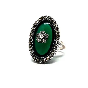 Bague agate verte marcassite argent et perle de culture style art déco