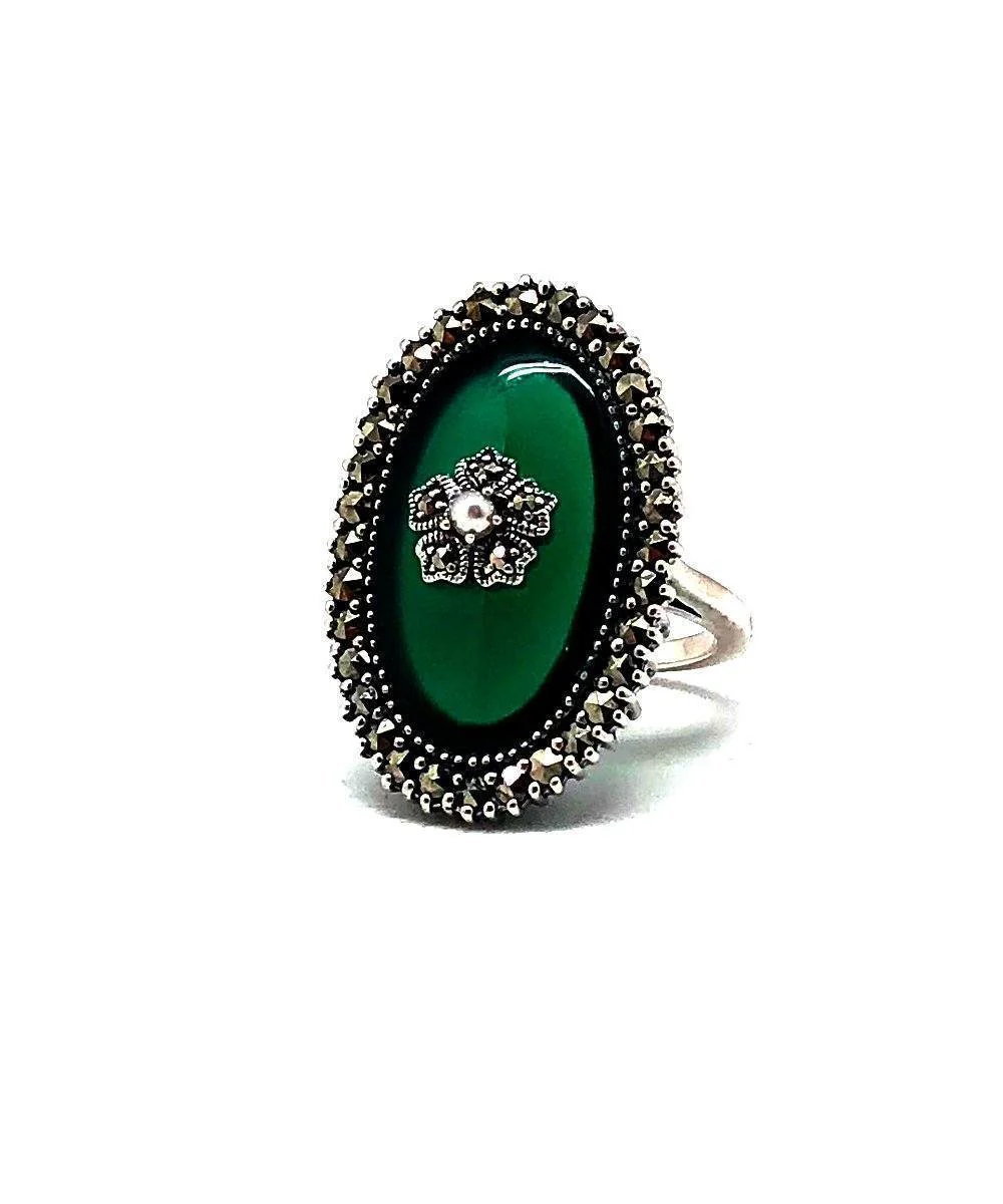 Bague agate verte marcassite argent et perle de culture style art déco