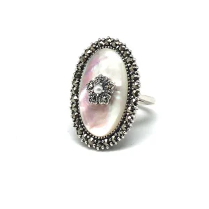 Bague nacre marcassite argent et perle de culture de style art déco