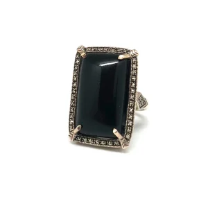 Grosse bague art déco onyx rectangulaire en argent et marcassites - Métron