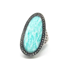 Longue bague amazonite art deco en argent et marcassites