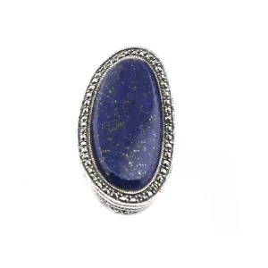Longue bague Lapis Lazuli art déco, argent et marcassites
