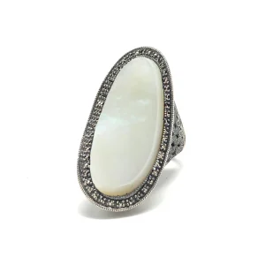 Longue bague nacre art déco, argent et marcassites