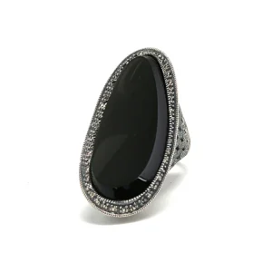 Longue bague onyx art déco, argent et marcassites