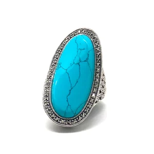 Longue bague turquoise art deco en argent et marcassites